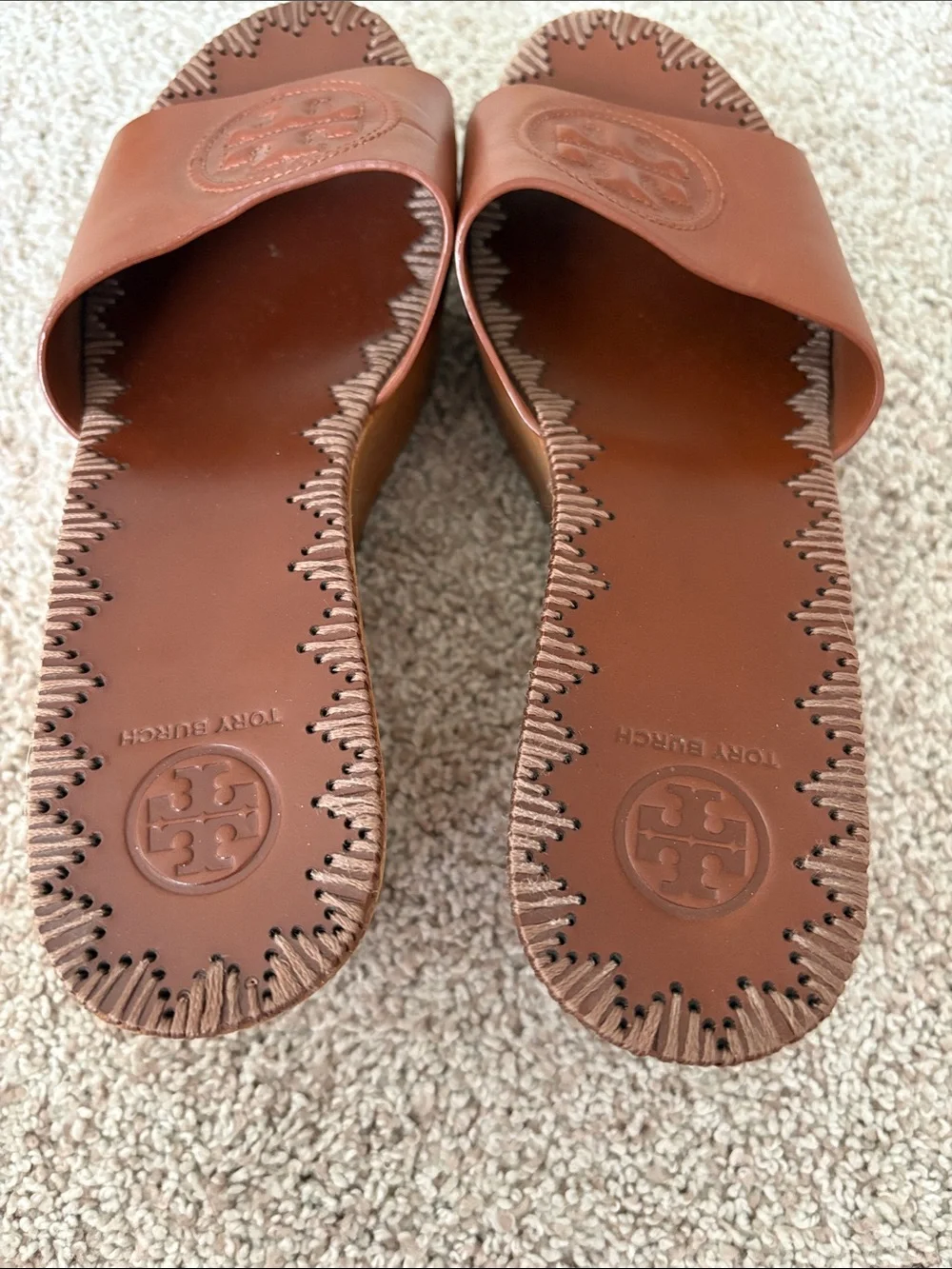 Tory Burch Patty Wedge Leather Slide Sandals in Cognac Brown